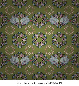 Scenic flower pattern on green, neutral and blue colors. Stylish invitation for valentines day, greeting card concept. Floral composition, hand painted, delicate template. Top view, soft color style.