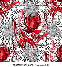 Scenic flower pattern on red, white and black colors. Floral composition, hand painted, delicate template. Top view, soft style. Stylish invitation for valentines day and greeting card concept.