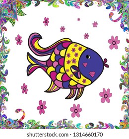 Scenic flower pattern on violet, white and gray colors. Stylish invitation for valentines day and greeting card concept. Fish. Top view, soft style. Floral composition, hand painted, delicate template