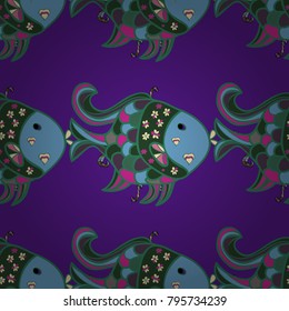 Scenic flower pattern on violet, green and blue colors. Stylish invitation for valentines day and greeting card concept. Floral composition, hand painted, delicate template. Top view, soft style. Fish