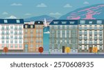 A scenic Geneva waterfront with Lake Geneva, the iconic Jet d’Eau fountain, and traditional Swiss architecture