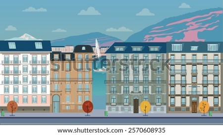 A scenic Geneva waterfront with Lake Geneva, the iconic Jet d’Eau fountain, and traditional Swiss architecture