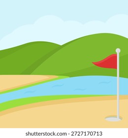 Cênico campo de golfe por um rio com bunker de areia e flagstick vermelho, rolando colinas verdes e água calma sob o céu brilhante, pacífico esporte ao ar livre paisagem ilustração