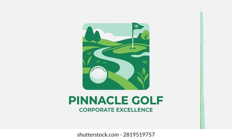 Scenic golf course illustration featuring rolling hills and flag.
