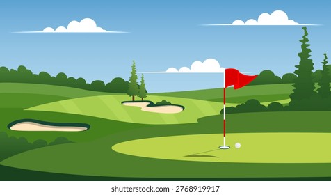 Scenic golf course view perfect putting green with flag and bunkers.