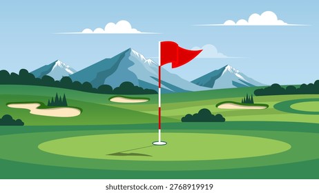 Scenic golf course view perfect putting green with flag and bunkers.
