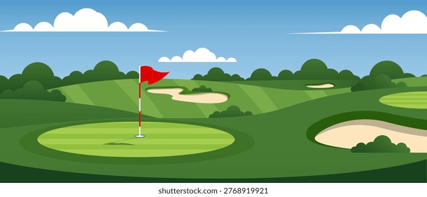Scenic golf course view perfect putting green with flag and bunkers.