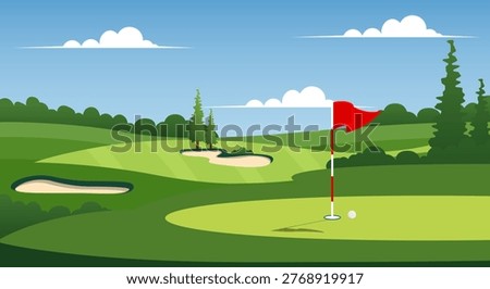 Scenic golf course view perfect putting green with flag and bunkers.