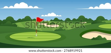 Scenic golf course view perfect putting green with flag and bunkers.