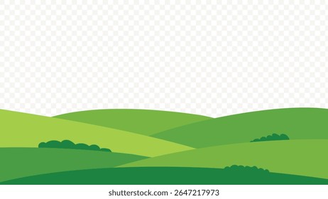Scenic Green Hills Transparent Background, Illustration with Rolling Landscape and Bushes, PNG