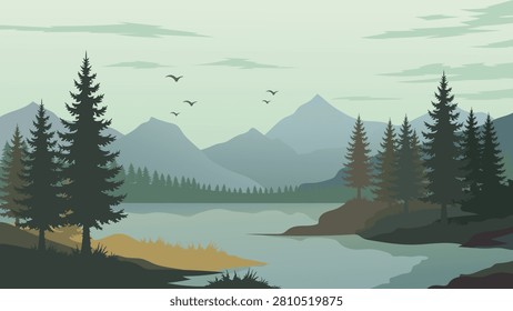 Scenic Green Mountain Valley Vector Landscape Banner With Pine Forest Lake And Flying Birds