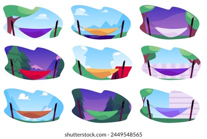 Scenic hammock views. Vector set of diverse landscapes with hammocks, from mountains to urban skylines