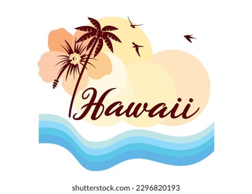 Eine malerische hawaiianische Illustration mit Palmen und Vögeln