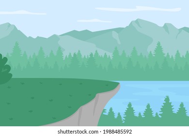 Scenic highland plato flat color vector illustration. Forest clearing with view on lake. Spot for camping and trekking. Wilderness 2D cartoon landscape with panoramic mountain peaks on background