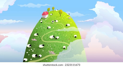 Scenic hill or mountain and little house in clouds. Colorful hand drawn scenery meadow pasture with sheep, romantic rural farmland wallpaper illustration. Vector graphics for kids.