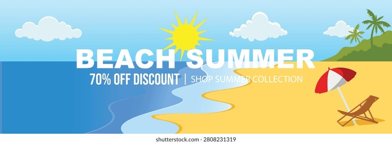 A scenic horizontal advertising banner displaying a clear coastal beach line with a deck chair and umbrella layout for summer collection clearance.
