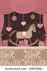 Scenic horse and New Year's gifts. Congratulatory card. Glamour vintage vector illustration. Retro style.