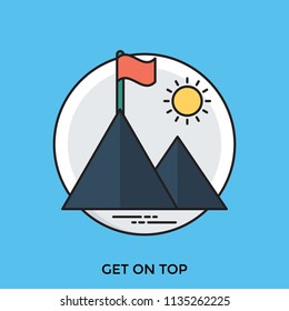 
Scenic icon enriched with two hills, shining sun and flag wedged at the top hill, idea of get on top 
