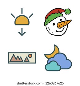 scenic icon set. vector set about cloudy, landscape, snowman and sunset icons set.