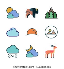 scenic icon set. vector set about sunset, bison, cloudy and cloud icons set.