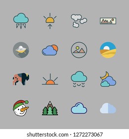 scenic icon set. vector set about forest, ufo, desert and snowman icons set.