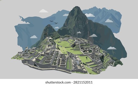 Scenic illustration of the ancient Incan citadel of Machu Picchu surrounded by majestic mountain peaks and cloudy sky.