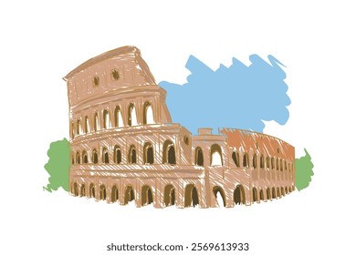 Scenic illustration of the Colosseum. Template for design of cards and souvenirs