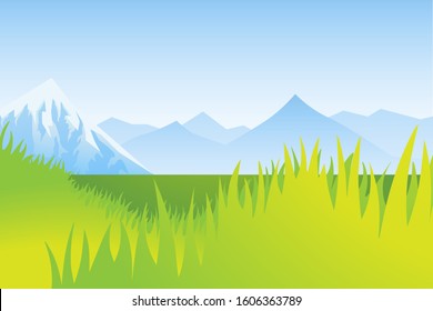 Scenic illustration with green grassy landscape and blue distant mountains. 