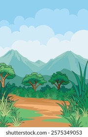  scenic illustration of a lush landscape featuring vibrant greenery, trees, a dirt pathway, and mountainous backdrop under a clear blue sky. Captures the essence of nature and outdoor tranquility.