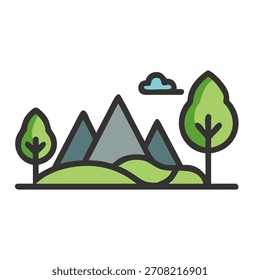 Ilustração cênica de montanhas, árvores e uma nuvem contra um fundo branco