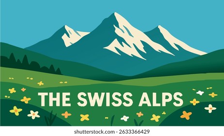 A scenic illustration of the Swiss Alps during spring, capturing the beauty of fresh greenery and blooming wildflowers at the foot of snow-capped peaks