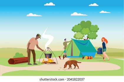 A scenic illustration of a team of young adults venturing and settling in the forest along with their pet dog, they are making the tent and cooking on an open camp fire.