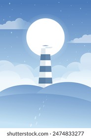 Scenic land landscape with lighthouse. Marine panorama at starry night 2d background.