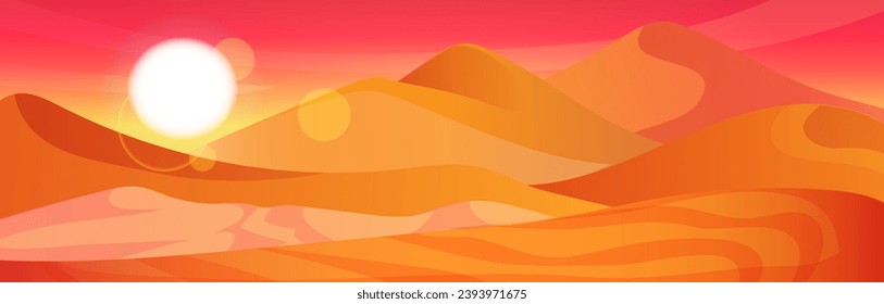 Scenic landscape, arabic sand dune. Bloody red Sahara desert panoramic view sunset and sunrise. Summer vacation travel, holiday resort. Yellow and orange color horizon. Vector illustration