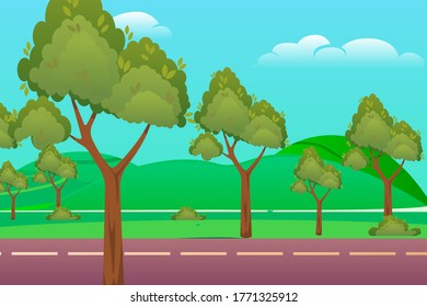 Scenic landscape with asphalt road passing through to high hills. Traveling and adventures. Vector illustration 