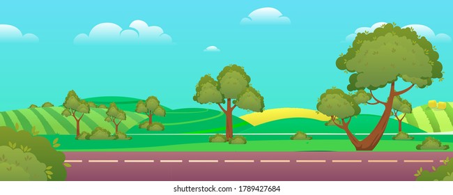 Scenic landscape with asphalt road passing through to high hills. Traveling and adventures. Vector illustration 