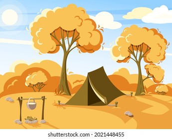 Scenic landscape with autumn forest and camping tent for hiking or camping concept. Autumn travel poster or sticker design. Vector illustration in flat style