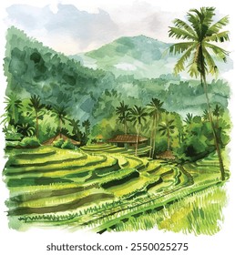 Landschaft von Bali Aquarellgrafik