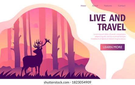 Scenic landscape banner for travel Agency advertising. Vector illustration. Landing page or web page template.