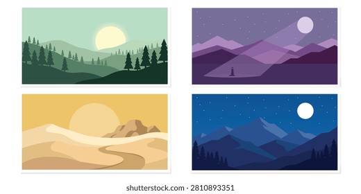 Scenic landscape collection featuring forests mountains deserts sunsets moonlit valleys and colorful natural environments designed for travel backgrounds wallpapers tourism posters and creative outdoor illustration projects.