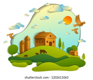Scenic landscape of farm buildings among meadows trees and birds in the sky, vector illustration of summer time relaxing nature in paper cut style. Countryside beautiful ranch.