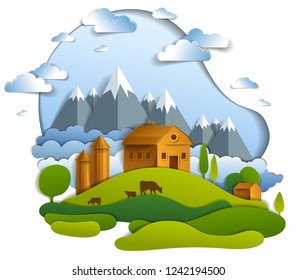 Scenic landscape of farm buildings among meadows trees, mountain range and clouds in the sky, vector illustration of summer time relaxing nature in paper cut style. Countryside beautiful ranch.    