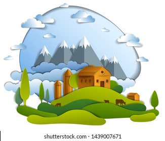 Scenic landscape of farm buildings among meadows trees, mountain range and clouds in the sky, vector illustration of summer time relaxing nature in paper cut style. Countryside beautiful ranch.    