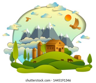 Scenic landscape of farm buildings among meadows trees, mountain range and birds in the sky, vector illustration of summer time relaxing nature in paper cut style. Countryside beautiful ranch.