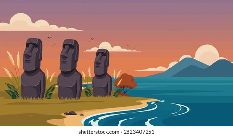A scenic landscape featuring iconic Moai statues standing on the coast of Easter Island against a vibrant sunset sky with mountains and ocean waves.