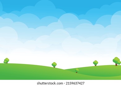 Scenische Landschaft von grüner Wiese auf Wolke und blauem Himmel, abstrakter Hintergrund, Vektorgrafik