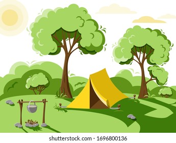 Scenic landscape with green forest and camping tent. Summer travel poster or sticker design. Vector illustration in flat style