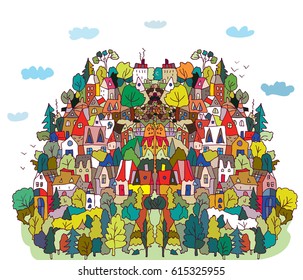 Scenic landscape with hill, forest, countryside houses - vector graphic illustration
