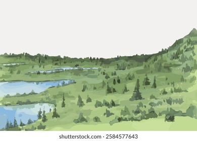 Scenic landscape illustration with green hills, trees, and lakes. The landscape features lush greenery, serene lakes, and rolling hills in a tranquil setting. Vintage art illustration, vector.