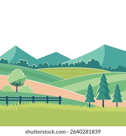 Scenic Landscape Illustration with Mountains and Fields
